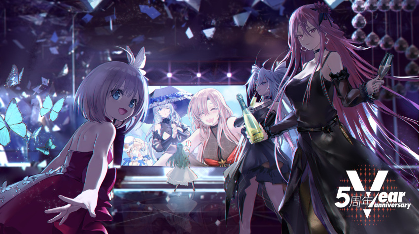 6+girls absurdres aqua_hair artist_request back bare_shoulders black_choker black_dress black_legwear blonde_hair blue_eyes blue_hair blush bottle braid breasts bug butterfly butterfly_hair_ornament c-93_(girls_frontline) cartridge choker closed_mouth commentary_request covered_eyes cup cz-805_(girls_frontline) dress drinking drinking_glass earrings eyebrows_visible_through_hair feet_out_of_frame flower french_braid fx-05_(girls_frontline) girls_frontline hair_flower hair_ornament highres holding holding_bottle holding_cup holding_umbrella insect jewelry long_hair looking_at_viewer looking_away m82a1_(girls_frontline) medium_breasts multiple_girls official_art one_eye_closed open_mouth pa-15_(girls_frontline) pantyhose ppsh-41_(girls_frontline) purple_hair red_dress short_hair small_breasts smile standing type_97_shotgun_(girls_frontline) umbrella violet_eyes white_dress wine_glass