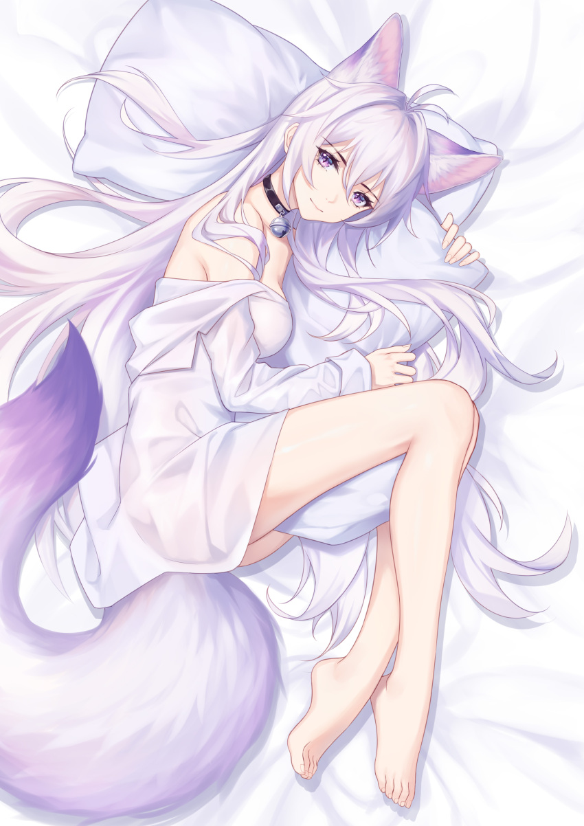 1girl absurdres animal_ear_fluff animal_ears antenna_hair bangs bare_legs bare_shoulders barefoot bed_sheet bell breasts closed_mouth collar commentary_request extra_ears fox_ears fox_girl fox_tail from_above full_body highres jingle_bell kirby_d_a large_tail long_hair long_sleeves looking_at_viewer lying medium_breasts neck_bell off_shoulder on_bed on_side original pillow pillow_hug purple_hair shirt smile tail very_long_hair violet_eyes white_shirt