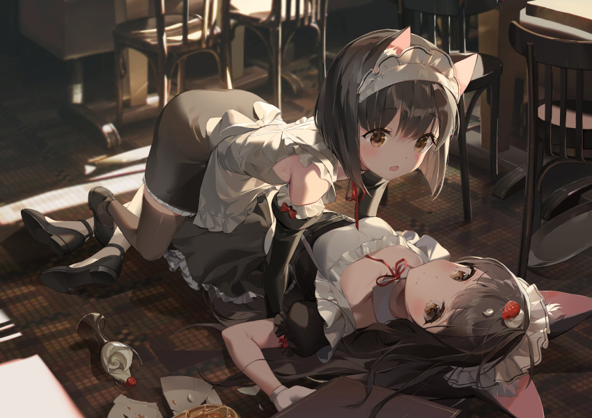 2girls absurdres accident animal_ear_fluff animal_ears apron azur_lane bangs black_dress black_footwear black_hair blush breasts broken_cup broken_plate brown_eyes brown_legwear chair character_request choyeon commentary_request cup detached_sleeves dress eyebrows_visible_through_hair food food_on_hair fruit gloves highres indoors juliet_sleeves long_sleeves looking_at_another looking_at_viewer lying maid maid_headdress multiple_girls on_back plate puffy_short_sleeves puffy_sleeves red_ribbon ribbon shoes short_sleeves small_breasts strawberry thigh-highs white_apron white_gloves white_legwear yuri