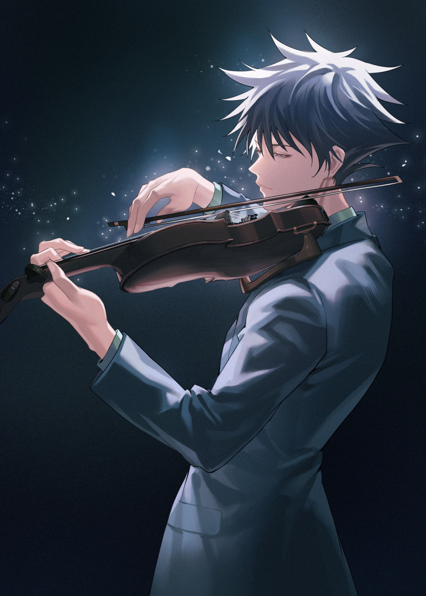 1boy absurdres bangs black_hair dark_background fushiguro_megumi hair_between_eyes highres huge_filesize instrument jujutsu_kaisen long_sleeves looking_away male_focus music nanlihuo parted_lips playing_instrument profile simple_background solo standing violin