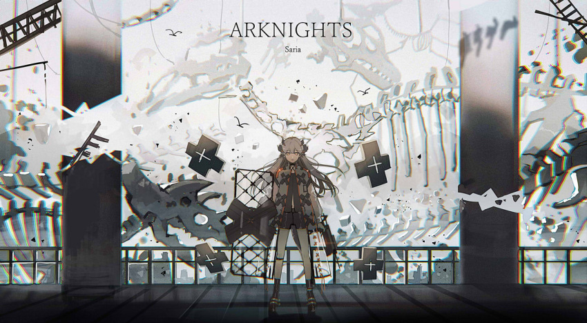 1girl animal arknights bird black_footwear black_shorts character_name chromatic_aberration closed_mouth coat copyright_name dinosaur film_grain flying grey_hair gun holding holding_gun holding_shield holding_weapon lococo:p long_hair looking_at_viewer saria_(arknights) see-through shield shorts skeleton slit_pupils solo standing weapon yellow_eyes