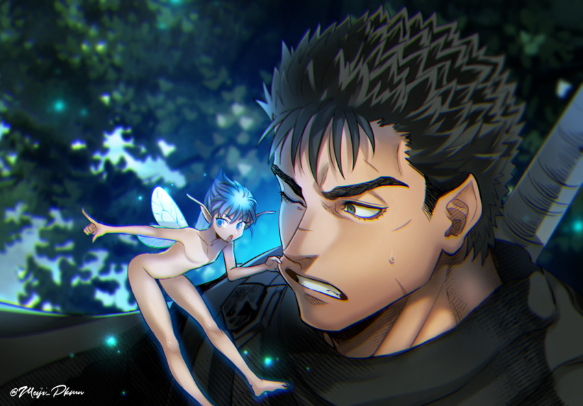 2boys bangs berserk black_hair blue_eyes blue_hair blurry brown_hair collarbone completely_nude fairy_wings guts_(berserk) meiji_ken multiple_boys nude one_eye_closed open_mouth pointing pointy_ears portrait puck_(berserk) pull robe scar short_hair teeth tree twitter_username weapon weapon_on_back wings