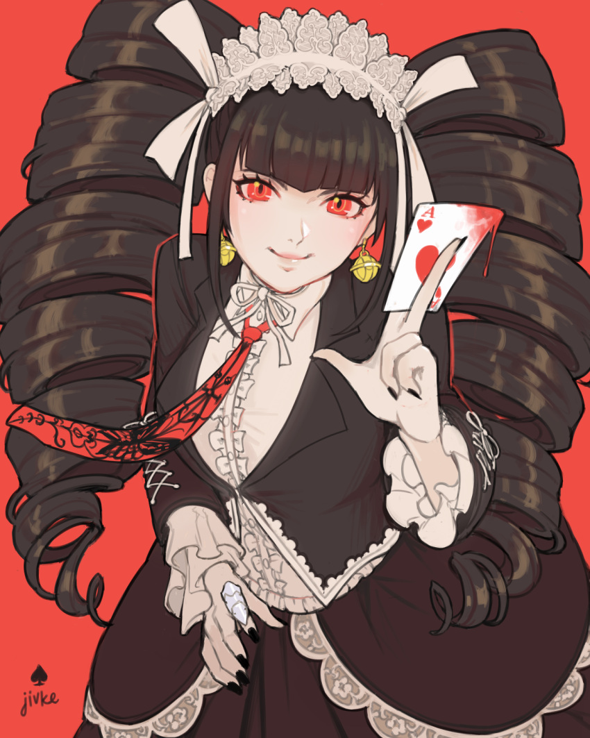 1girl black_hair black_jacket black_nails bonnet breasts card celestia_ludenberg claw_ring closed_mouth dangan_ronpa:_trigger_happy_havoc dangan_ronpa_(series) drill_hair earrings frilled_sleeves frills gothic_lolita hand_up highres holding holding_card jacket jewelry jivke lolita_fashion long_sleeves looking_at_viewer medium_breasts nail_polish necktie red_eyes red_neckwear smile solo twin_drills