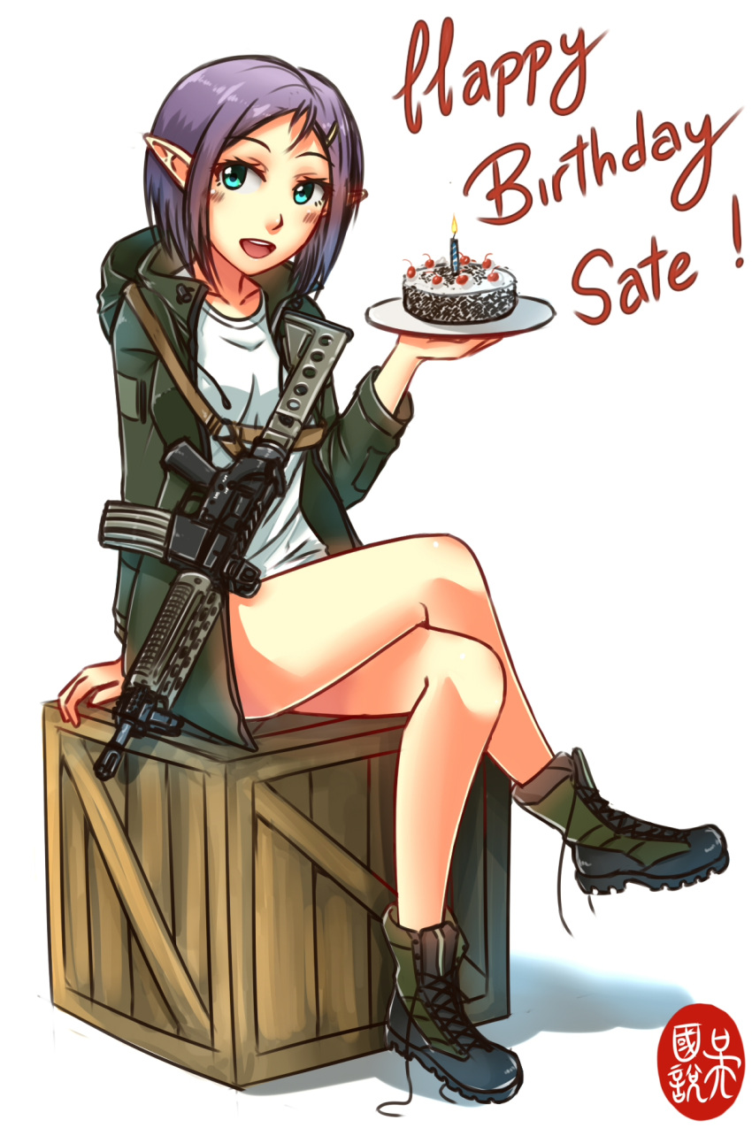 1girl ankle_boots assault_rifle bare_legs birthday_cake black_hair boots cake combat_boots crate cross-laced_footwear crossed_legs elf english_text food green_eyes green_jacket gun happy_birthday highres jacket lace-up_boots looking_at_viewer ndtwofives open_clothes open_jacket open_mouth original pointy_ears rifle round_teeth shadow shirt short_hair sitting sitting_on_object smile solo teeth untied_footwear weapon white_background white_shirt