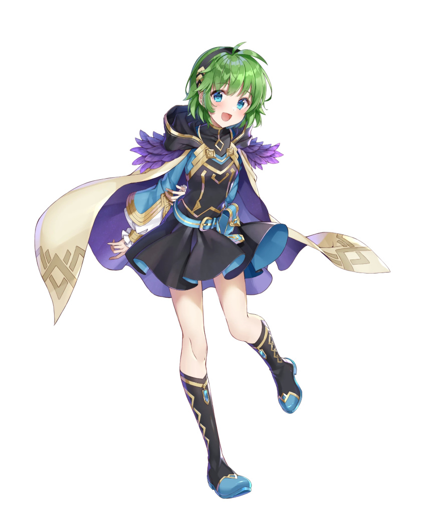 1girl arms_behind_back bangs belt belt_pouch black_dress blue_eyes blush boots cape covered_collarbone detached_sleeves dress eyebrows_visible_through_hair feather_trim fire_emblem fire_emblem:_the_blazing_blade fire_emblem_heroes full_body gold_trim green_hair hair_ornament hairband highres hiny hood hood_down hooded_cape leg_up long_sleeves looking_at_viewer nino_(fire_emblem) official_art open_mouth pouch shiny shiny_hair shiori_(xxxsi) short_dress short_hair smile solo transparent_background