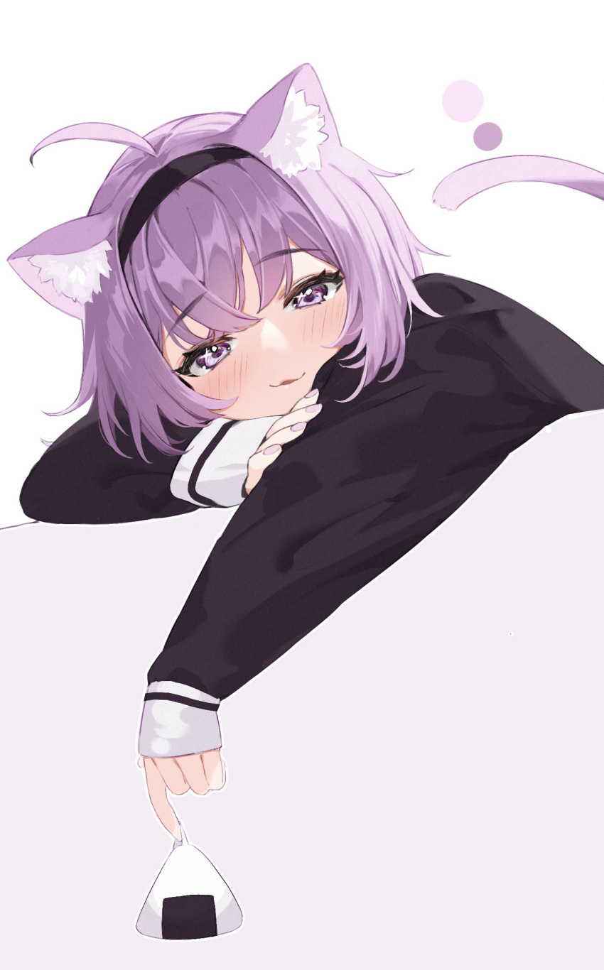 1girl ahoge animal_ears black_hairband black_sweater blush cat_ears cat_girl cat_tail commentary couch food hairband highres holding holding_food hololive hoshi_usagi looking_at_viewer nekomata_okayu on_couch onigiri purple_hair short_hair solo sweater symbol_commentary tail violet_eyes virtual_youtuber white_background