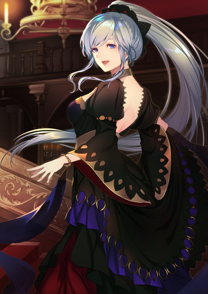 1girl absurdres backless_dress backless_outfit bangs blue_eyes bracelet choker dress fire_emblem fire_emblem:_genealogy_of_the_holy_war formal hair_ornament hair_ribbon highres ishtar_(fire_emblem) jewelry long_hair looking_at_viewer machi_wt ponytail ribbon side_ponytail silver_hair smile