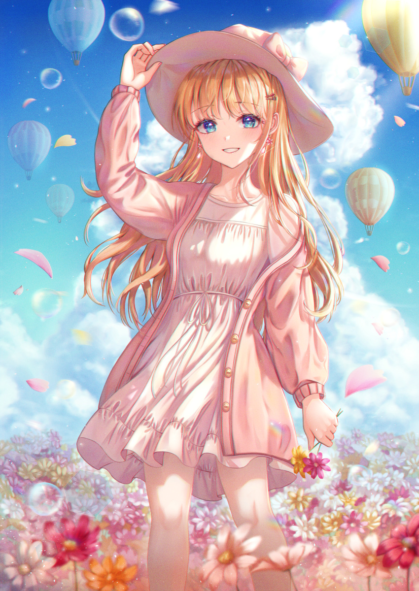 1girl absurdres aircraft blonde_hair blue_eyes blush bobmond_(artist) clouds cloudy_sky dress earrings eyebrows_visible_through_hair field flower flower_field grin highres hot_air_balloon huge_filesize jacket jewelry legs long_hair looking_at_viewer nail_polish original outdoors petals pink_headwear pink_jacket pink_nails sky smile solo standing sundress teeth thighs white_dress