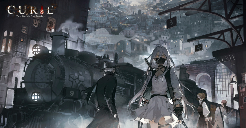 2boys 2girls building city coat curse:_two_worlds_one_destiny dress gloves ground_vehicle hands_in_pockets hat highres light_brown_hair lococo:p long_hair mask mouth_mask multiple_boys multiple_girls plague_doctor_mask shirt short_hair steam steampunk sword thigh_strap train train_station underground weapon white_dress white_hair
