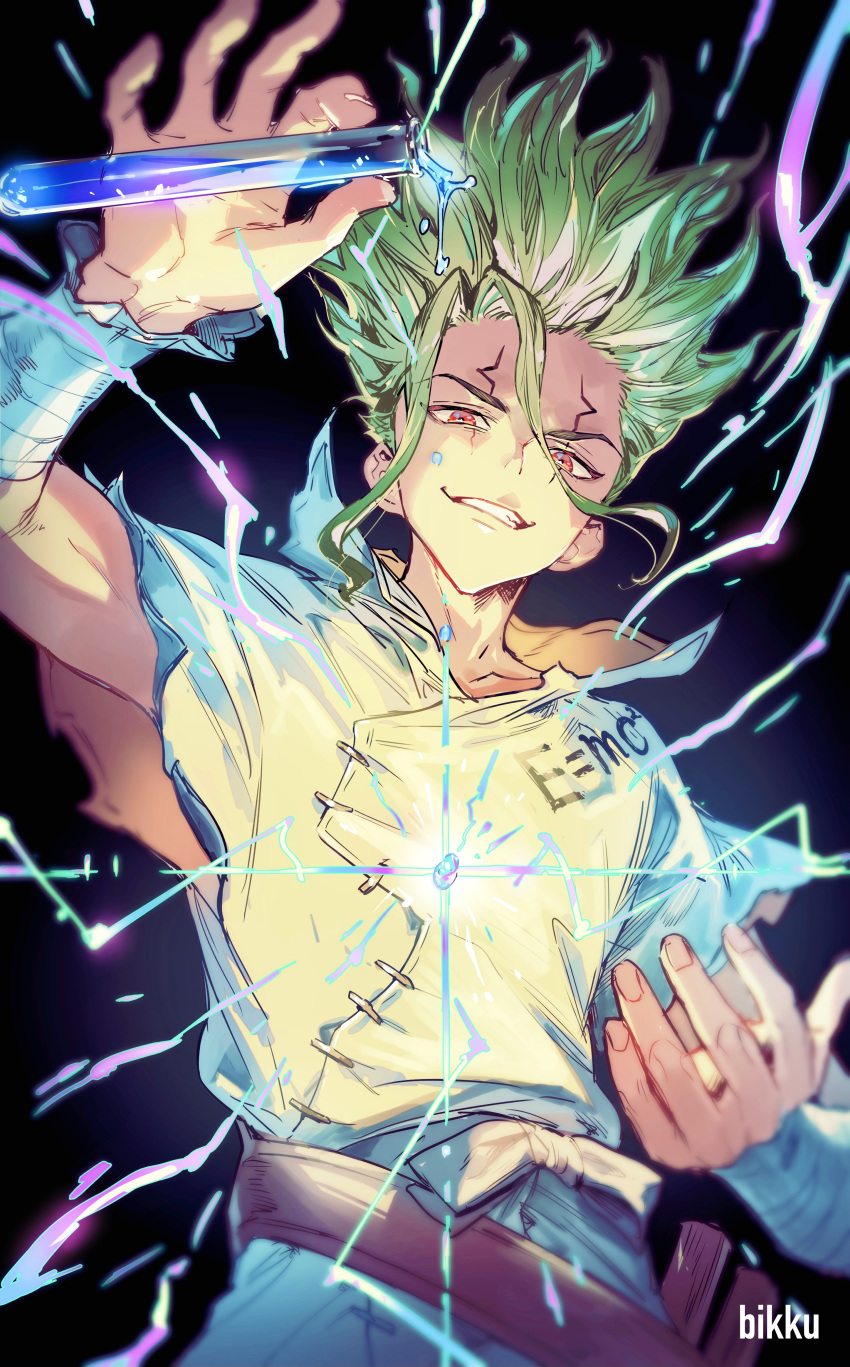 1boy absurdres artist_name bandaged_arm bandages bikkusama collarbone diffraction_spikes dr._stone electricity facial_mark fingernails green_hair highres holding ishigami_senkuu liquid male_focus parted_lips pouring red_eyes smile solo teeth torn torn_clothes vial