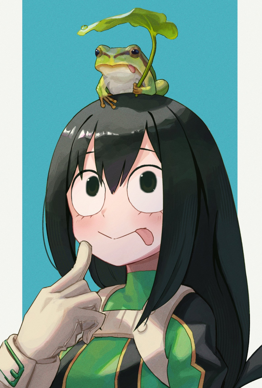 1girl :&gt; animal_on_head asui_tsuyu bangs blush bodysuit boku_no_hero_academia breasts closed_mouth commentary_request eyelashes frog gloves green_bodysuit hair_between_eyes hand_up highres leaf long_hair looking_up on_head shiny shiny_hair smile sooon tongue tongue_out upper_body