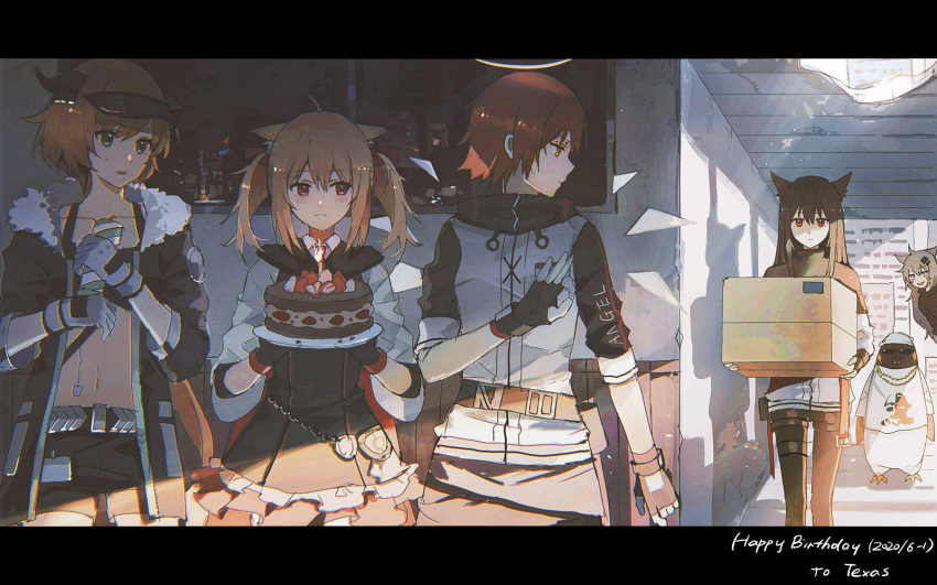 5girls animal animal_ear_fluff animal_ears arknights belt bird black_gloves black_jacket black_shorts blue_eyes blush blush_stickers box brown_hair building cake candle chain closed_mouth collarbone croissant_(arknights) dress english_text exusiai_(arknights) eyebrows_visible_through_hair fingerless_gloves food frilled_dress frills fruit fur-trimmed_jacket fur_trim gloves gold_necklace green_eyes grin hair_between_eyes hair_ornament halo happy_birthday highres holding holding_box holding_plate horns jacket jewelry lappland_(arknights) light_brown_hair lococo:p long_hair medium_hair multiple_girls navel necklace necktie ok_sign open_clothes open_jacket open_mouth orange_eyes outdoors pantyhose parted_lips penguin penguin_logistics_(arknights) plate red_eyes red_neckwear redhead reflection short_hair shorts sketch sleeves_rolled_up smile sora_(arknights) strawberry sunglasses sweat texas_(arknights) thigh_strap turtleneck twintails walking white_gloves window