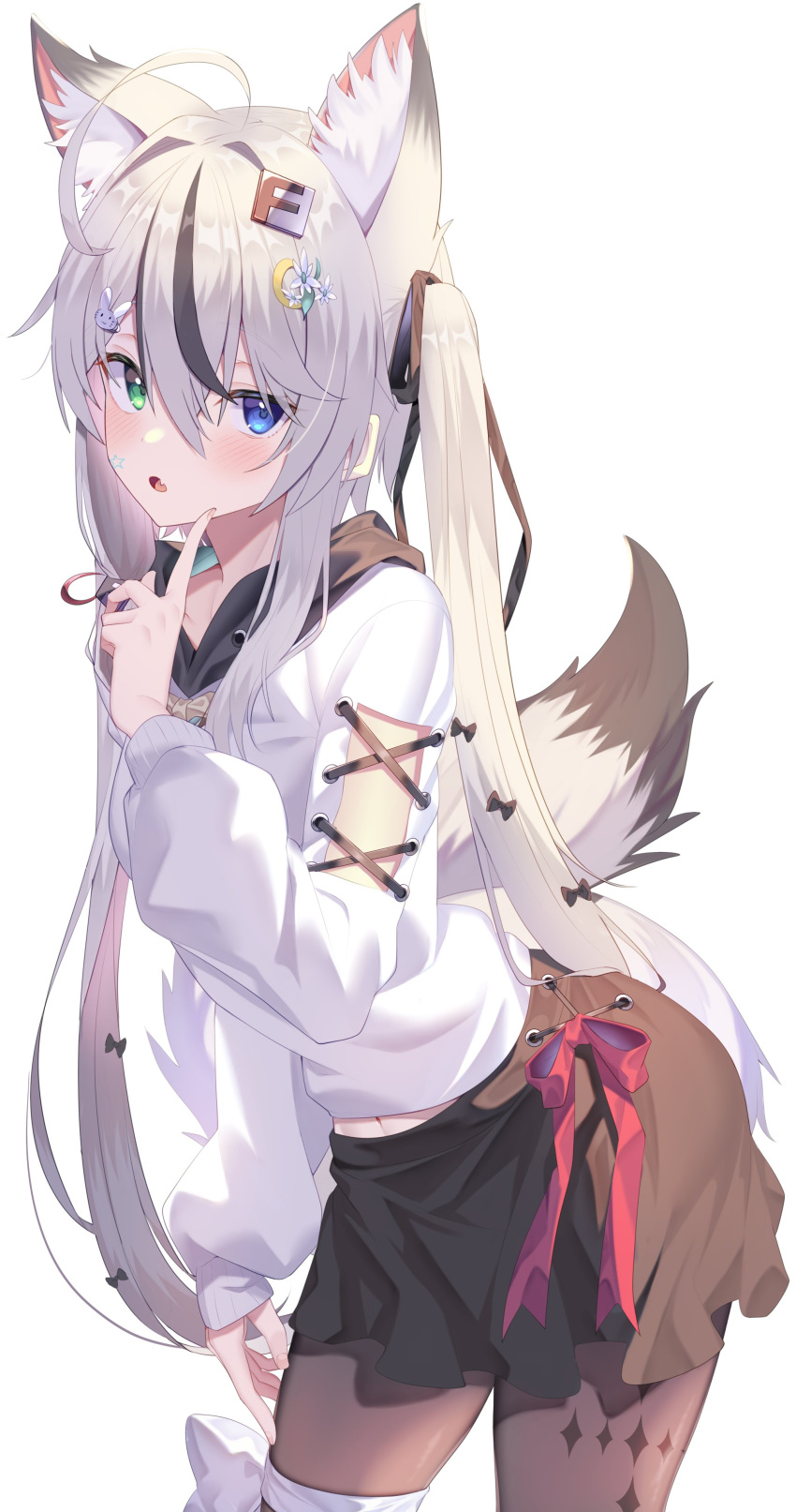 1girl absurdres ahoge animal_ear_fluff animal_ears black_legwear black_skirt blue_eyes blush bunny_hair_ornament copyright_request cowboy_shot extra_ears fang finger_to_own_chin fox_ears fox_girl fox_tail green_eyes hair_ornament heterochromia highres hood hood_down jun_(aousa0328) looking_at_viewer midriff_peek open_mouth pantyhose pink_ribbon ribbon simple_background skin_fang skirt solo star_(symbol) sweater tail thigh_strap twintails white_background white_sweater