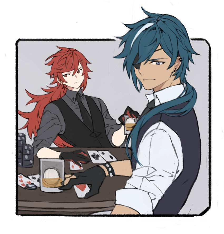 2boys alcohol alternate_costume bangs black_gloves black_vest blue_eyes blue_hair card closed_eyes cup dark-skinned_male dark_skin diluc_ragnvindr ear_piercing eyepatch genshin_impact gloves grey_shirt hair_between_eyes highres holding holding_cup kaeya_alberich long_hair male_focus multicolored_hair multiple_boys papajay_(jennygin2) partially_fingerless_gloves piercing playing_card poker_chip ponytail red_eyes redhead shirt simple_background streaked_hair table vest white_shirt