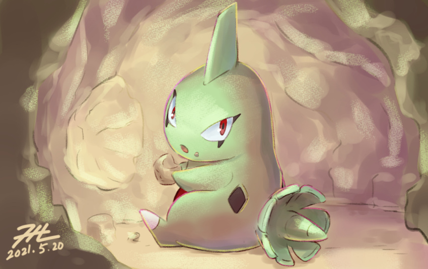cave_interior commentary_request creature dated eating food food_on_face full_body gen_2_pokemon holding larvitar looking_back no_humans null_suke one-hour_drawing_challenge open_mouth pokemon red_eyes signature sitting solo