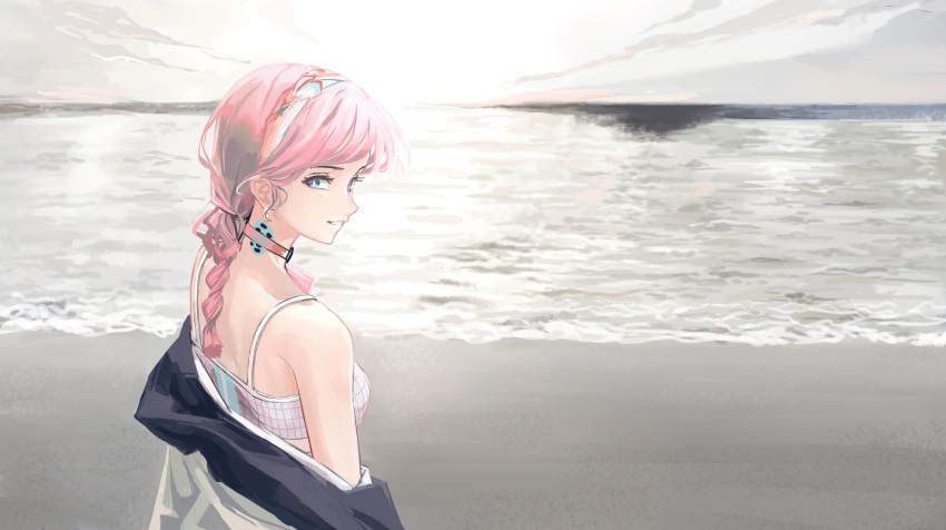 1girl arknights beach black_jacket blue_eyes blue_poison_(arknights) blue_poison_(shoal_beat)_(arknights) braid choker commentary hairband highres jacket long_hair looking_at_viewer o-ring o-ring_choker off_shoulder official_alternate_costume open_clothes open_jacket outdoors pink_choker pink_hair scales sketch solo sports_bra upper_body water witz_wenji