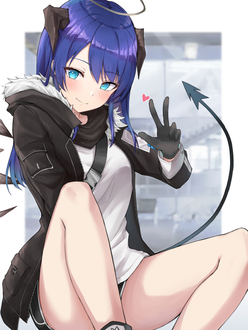 1girl absurdres arknights black_jacket black_shorts blue_eyes blue_hair demon_horns demon_tail detached_wings energy_wings feet_out_of_frame fur-trimmed_hood fur_trim halo heart highres hood horns jacket long_hair looking_at_viewer mango_(mgo) mostima_(arknights) open_clothes open_jacket shirt short_shorts shorts smile solo tail thighs w white_shirt wings