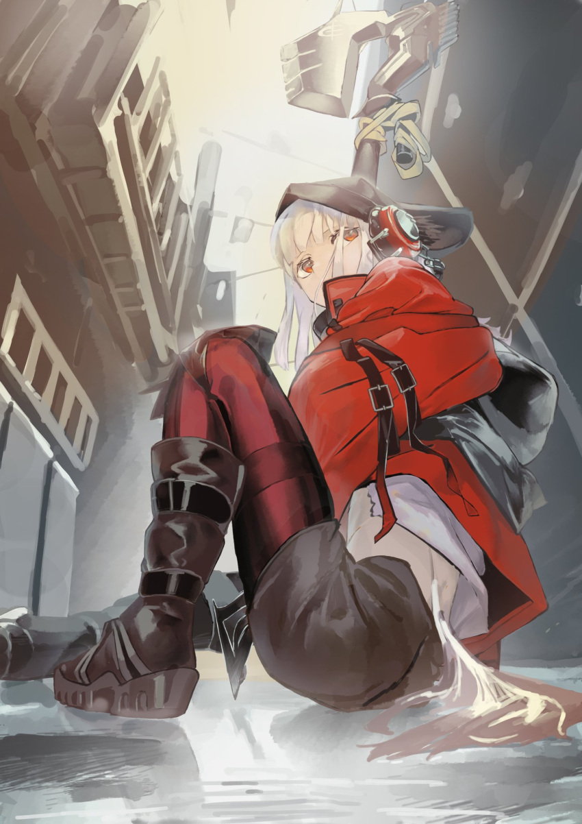 1girl alley animal_ears arknights bangs black_footwear black_legwear boots breasts commentary dora_waku2 fox_ears fox_tail from_side frostleaf_(arknights) full_body glint grey_shirt halberd headphones highres holding holding_polearm holding_weapon hood jacket knee_guards knee_up long_hair looking_away looking_to_the_side medium_breasts off-shoulder_shirt off_shoulder pantyhose polearm red_eyes red_jacket shirt silver_hair sitting sleeves_past_wrists solo straight_hair tail weapon