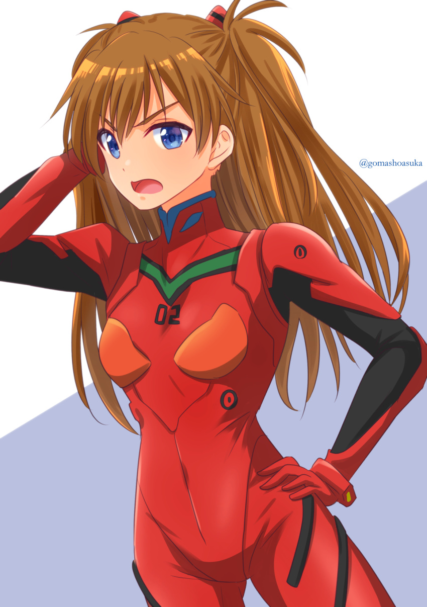 1girl blue_background blue_eyes bodysuit brown_hair cowboy_shot gomashio_star hand_on_hip highres interface_headset looking_at_viewer multicolored multicolored_bodysuit multicolored_clothes neon_genesis_evangelion pilot_suit plugsuit red_bodysuit solo souryuu_asuka_langley twitter_username two-tone_background two_side_up white_background