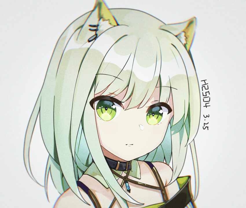 1girl arknights artist_name black_collar collar dated dress ear_piercing eyebrows_visible_through_hair green_eyes green_hair h2so4-c highres jewelry kal'tsit_(arknights) looking_at_viewer lynx_ears medium_hair off-shoulder_dress off_shoulder pendant piercing portrait simple_background solo white_background