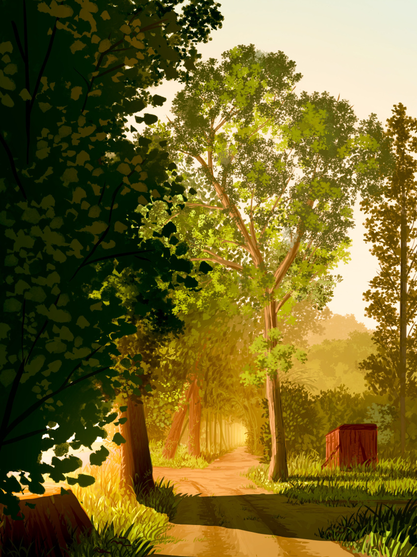 absurdres commentary_request crate dirt_road evening forest grass highres nature no_humans original outdoors road scenery shadow shuu_illust sketch tree tree_trunk