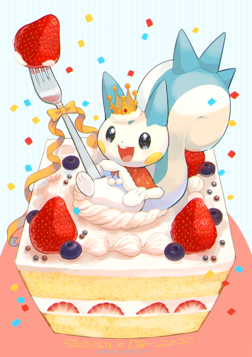 :d cake cake_slice capelet commentary_request confetti crown food fork fruit fur-trimmed_capelet fur_trim gen_4_pokemon highres kikuyoshi_(tracco) no_humans open_mouth pachirisu pokemon pokemon_(creature) ribbon smile solo strawberry tongue upper_teeth