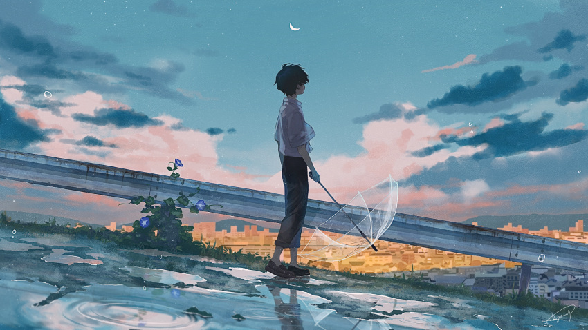 1boy aky_ami arms_at_sides black_hair blue_flower building cityscape clouds cloudy_sky collared_shirt commentary_request crescent_moon flower grass highres holding holding_umbrella looking_afar looking_away looking_up moon night night_sky no_socks original outdoors pants pants_rolled_up plant puddle railing reflection ripples road rust shirt shirt_tucked_in shoes short_hair signature sky solo standing star_(sky) transparent transparent_umbrella umbrella very_short_hair water white_shirt wide_shot wide_sleeves
