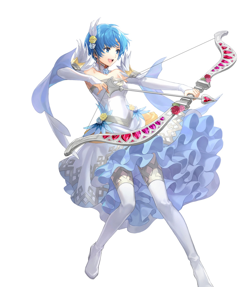 1girl bangs blue_eyes blue_hair boots bow_(weapon) breasts detached_collar dress feather_trim fire_emblem fire_emblem:_the_binding_blade fire_emblem_heroes full_body hair_ornament hakou_(barasensou) high_heel_boots high_heels highres holding holding_bow_(weapon) holding_weapon looking_at_viewer medium_breasts official_art open_mouth shanna_(fire_emblem) shiny shiny_hair short_hair simple_background solo strapless strapless_dress thigh-highs thigh_boots transparent_background weapon wedding_dress white_dress white_footwear