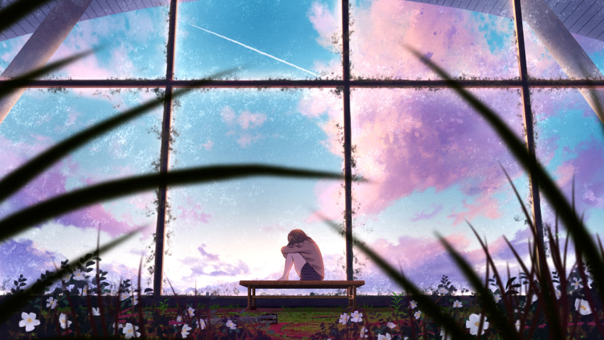 1girl barefoot beige_jacket bench blue_skirt blue_sky brown_hair clouds commentary_request condensation_trail day feet_on_chair flower from_side highres indoors jacket leg_hug long_sleeves looking_away looking_down moss on_bench original pleated_skirt ruins scenery shuu_illust sitting skirt sky solo wallpaper wide_shot window wooden_bench