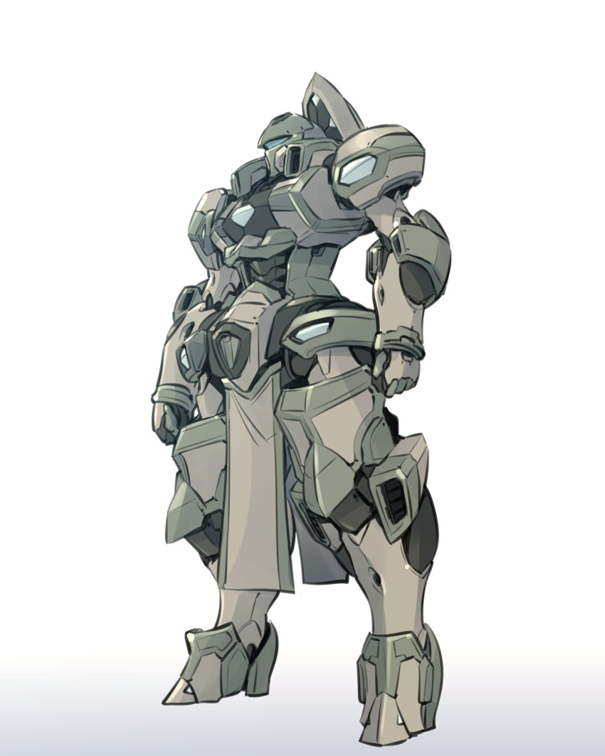 clenched_hands full_body gradient gradient_background highres ishiyumi knight's_&amp;_magic looking_ahead mecha mecha_request no_humans science_fiction solo standing visor