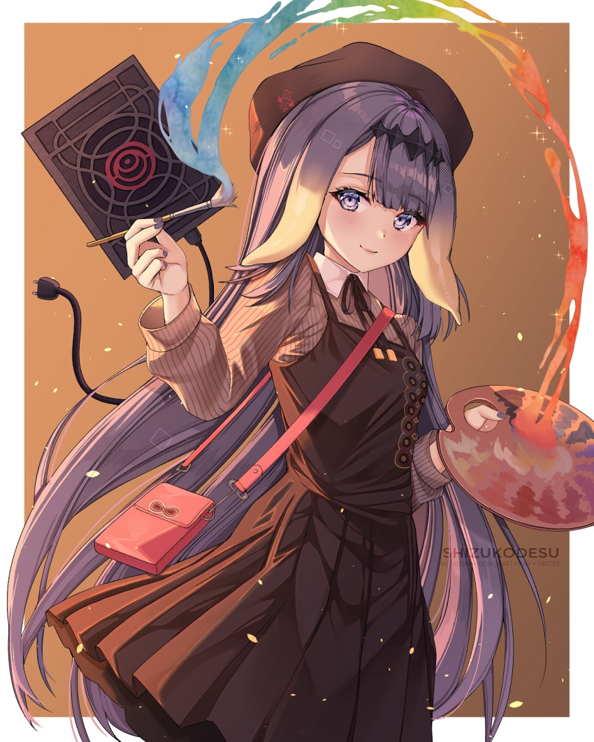 1girl ao-chan_(ninomae_ina'nis) bag bangs beret black_headwear blunt_bangs blush commentary_request cowboy_shot gradient_hair hat highres holding holding_paintbrush hololive hololive_english long_sleeves looking_at_viewer multicolored_hair nail_polish ninomae_ina'nis orange_hair paint paintbrush palette purple_hair purple_nails reenoah shoulder_bag smile solo standing tablet_pc tentacle_hair tiara violet_eyes virtual_youtuber
