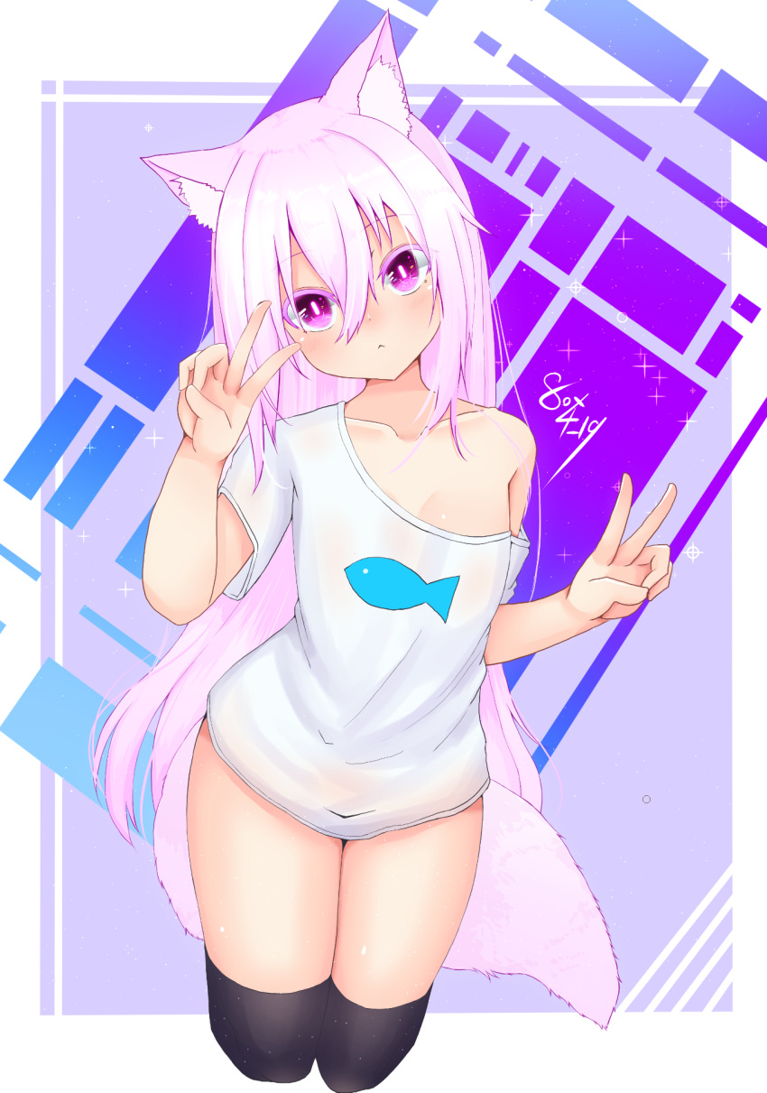 1girl :&lt; animal_ear_fluff animal_ears black_legwear breasts double_v expressionless fox_ears fox_girl highres kouhii_kitsune long_hair medium_breasts naked_shirt no_pants off_shoulder original pink_eyes pink_hair shirt short_sleeves thigh-highs v white_shirt