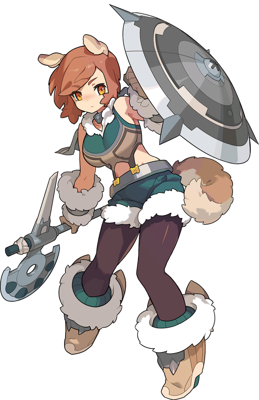 1girl animal_ears artist_request axe bangs bare_shoulders belt black_legwear blush boots brown_footwear brown_gloves brown_hair chain clara_(world_flipper) closed_mouth collar collarbone crop_top dog_ears dog_girl dog_tail eyebrows_visible_through_hair full_body fur-trimmed_footwear fur-trimmed_gloves fur-trimmed_shirt fur-trimmed_shorts fur_trim gloves green_shorts grey_capelet hand_up highres holding holding_axe holding_shield looking_at_viewer multicolored_shirt non-web_source nose_blush official_art orange_eyes pantyhose screw shield shiny shiny_clothes shiny_hair shirt short_hair short_shorts shorts sidelocks sleeveless sleeveless_shirt solo standing swept_bangs tail transparent_background v-shaped_eyebrows world_flipper