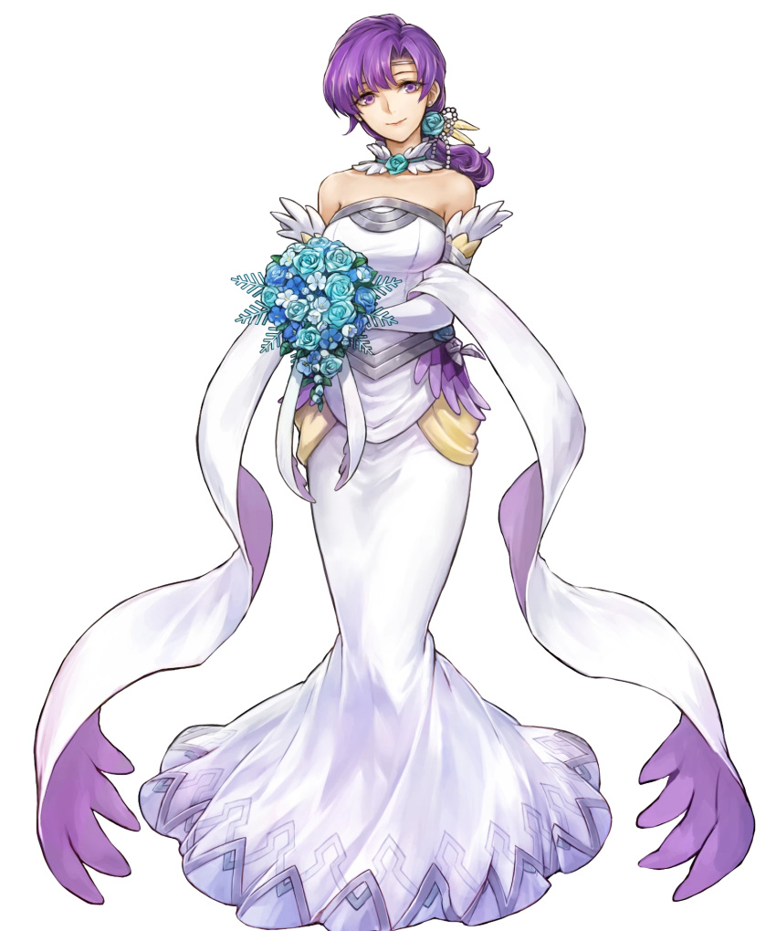 1girl bangs bare_shoulders bouquet breasts detached_collar dress feather_trim fire_emblem fire_emblem:_the_binding_blade fire_emblem_heroes flower full_body hair_ornament highres holding juno_(fire_emblem) long_hair long_skirt low_ponytail medium_breasts official_art purple_hair simple_background skirt solo strapless strapless_dress tied_hair transparent_background uroko_(mnr) violet_eyes wedding_dress white_dress