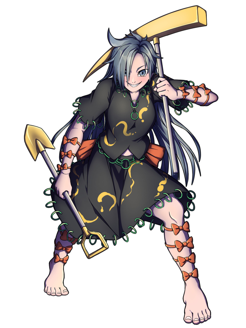1girl belt gold grey_eyes grey_hair highres himemushi_momoyo jewelry long_hair mefomefo mullet patterned_clothing pickaxe ribbon ring shovel smile solo stomach tools touhou transparent_background unconnected_marketeers