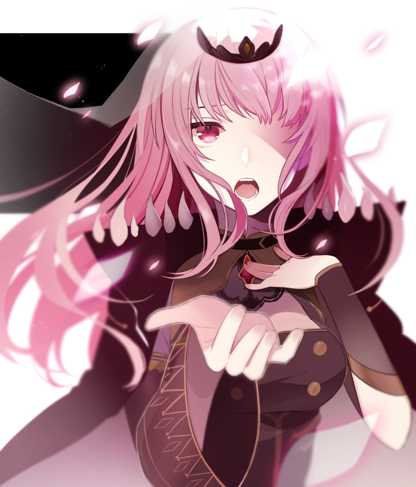 1girl black_cape breasts cape fingernails hair_over_one_eye hand_on_own_chest highres hololive hololive_english large_breasts long_hair looking_at_viewer mori_calliope music open_mouth outstretched_arm petals pink_hair shoulder_spikes singing solo spikes tiara uehara_(dormmmmir_) upper_body veil virtual_youtuber