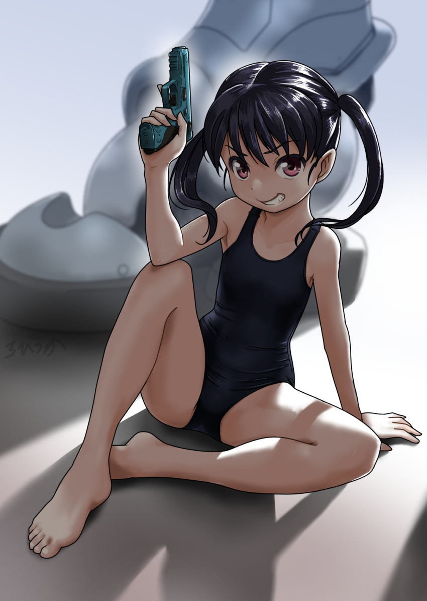 1girl arm_support barefoot black_hair black_swimsuit brown_eyes commentary_request flat_chest full_body grin gun handgun highres legs looking_at_viewer mecha original pistol rohitsuka school_swimsuit shadow sitting smile solo swimsuit twintails weapon