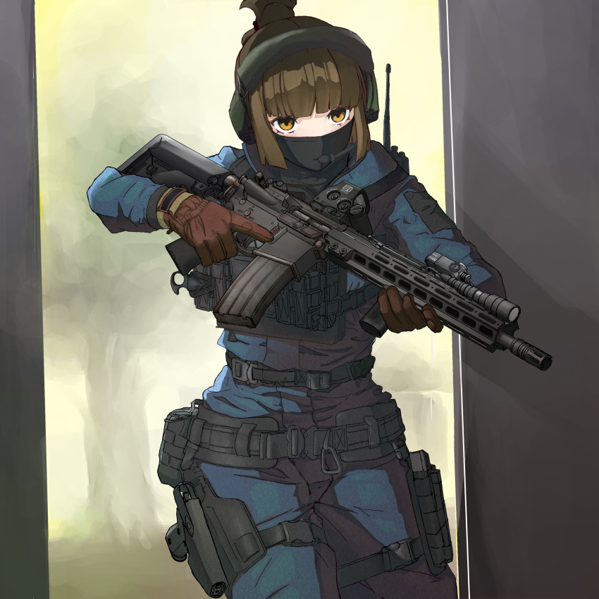 1girl absurdres assault_rifle bangs blue_jacket blue_pants blunt_bangs brown_eyes brown_gloves bulletproof_vest gloves gun handgun headphones highres holding holding_weapon holster jacket m4_carbine magazine_(weapon) military original pants pistol rifle short_hair solo swat tactical_clothes utsucan weapon