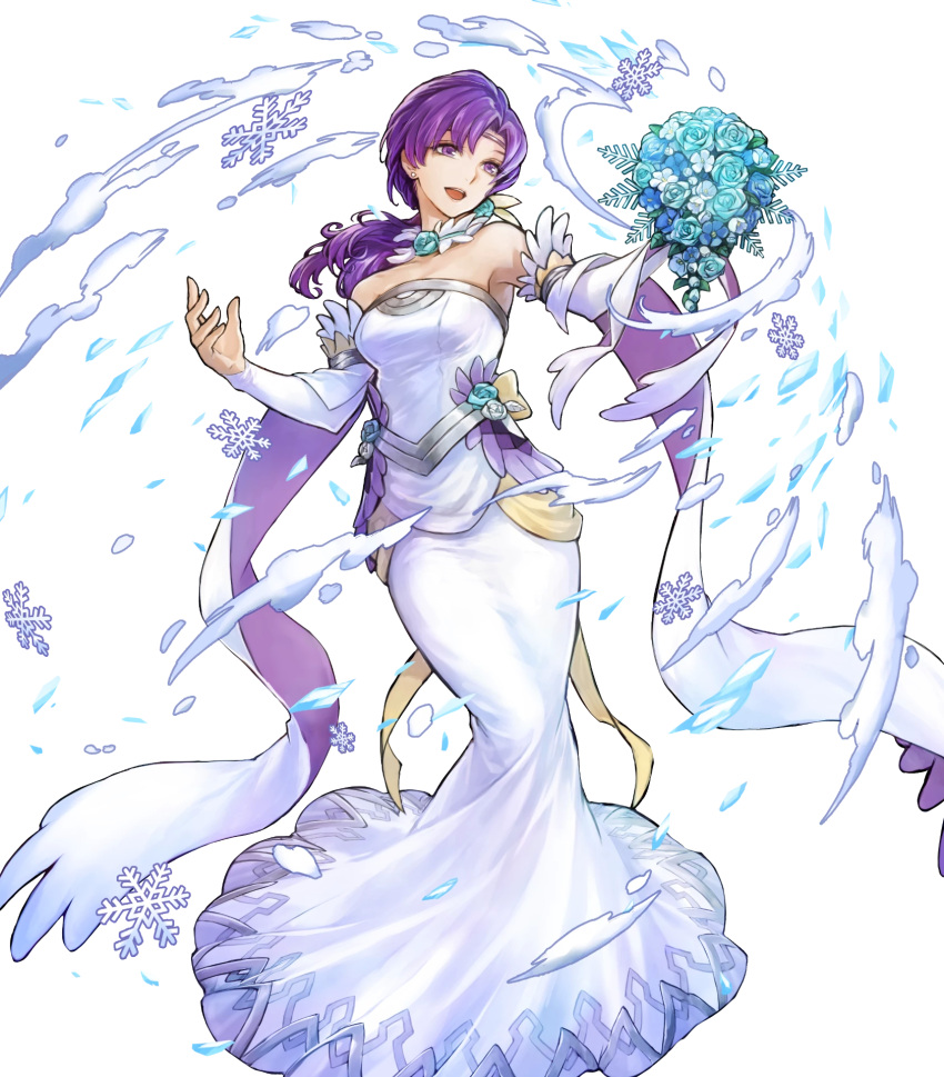 1girl bangs bare_shoulders bouquet breasts detached_collar dress feather_trim fire_emblem fire_emblem:_the_binding_blade fire_emblem_heroes flower full_body hair_ornament highres holding juno_(fire_emblem) long_hair long_skirt low_ponytail medium_breasts official_art purple_hair simple_background skirt solo strapless strapless_dress tied_hair transparent_background uroko_(mnr) violet_eyes wedding_dress white_dress