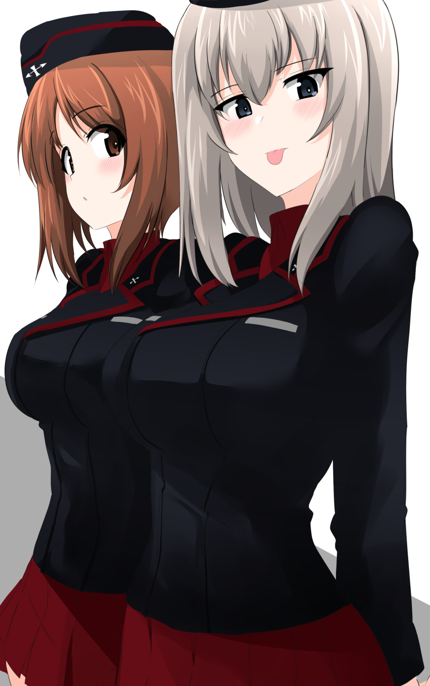 2girls absurdres aikir_(jml5160) arms_behind_back bangs black_headwear black_jacket blue_eyes blush brown_eyes brown_hair clipboard closed_mouth commentary dress_shirt eyebrows_visible_through_hair garrison_cap girls_und_panzer hat highres holding holding_clipboard insignia itsumi_erika jacket kuromorimine_military_uniform long_sleeves looking_at_another looking_at_viewer looking_back medium_hair military military_hat military_uniform miniskirt multiple_girls nishizumi_miho parted_lips pleated_skirt red_shirt red_skirt shirt short_hair side-by-side silver_hair skirt standing tongue tongue_out uniform wing_collar