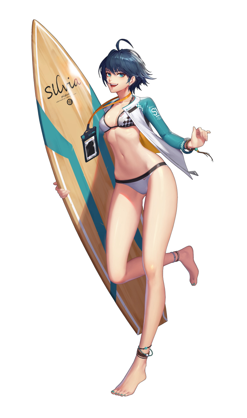 1girl :d absurdres ahoge aqua_eyes badge bangs barefoot bikini black_survival blue_eyes blue_nails breasts character_name collarbone dark_blue_hair earrings fingernails hair_between_eyes highres holding holding_surfboard jacket jewelry lips long_sleeves looking_at_viewer nail_polish navel official_alternate_costume official_art one_touch open_clothes open_jacket open_mouth silvia_piquet smile solo standing stomach surfboard swimsuit toenails transparent_background upper_teeth white_bikini