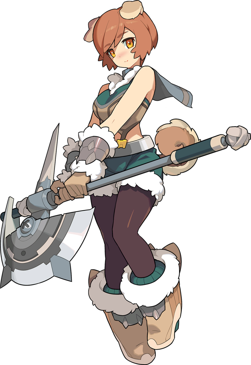 1girl animal_ears artist_request axe bangs bare_shoulders belt black_legwear blush boots brown_footwear brown_gloves brown_hair clara_(world_flipper) closed_mouth collar crop_top dog_ears dog_girl dog_tail eyebrows_visible_through_hair full_body fur-trimmed_footwear fur-trimmed_gloves fur-trimmed_shirt fur-trimmed_shorts fur_trim gloves green_shorts grey_capelet hands_together happy highres holding holding_axe legs_together looking_at_viewer multicolored_shirt non-web_source nose_blush official_art orange_eyes pantyhose screw shiny shiny_clothes shiny_hair shirt short_hair short_shorts shorts sidelocks sleeveless sleeveless_shirt smile solo standing swept_bangs tail transparent_background v_arms world_flipper