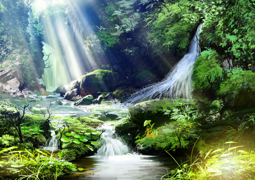 absurdres animal blur branch commentary_request grass highres leaf light light_rays moss nature no_humans original pajaman perspective plant pond rock scenery stream sunbeam sunlight tree vines water waterfall