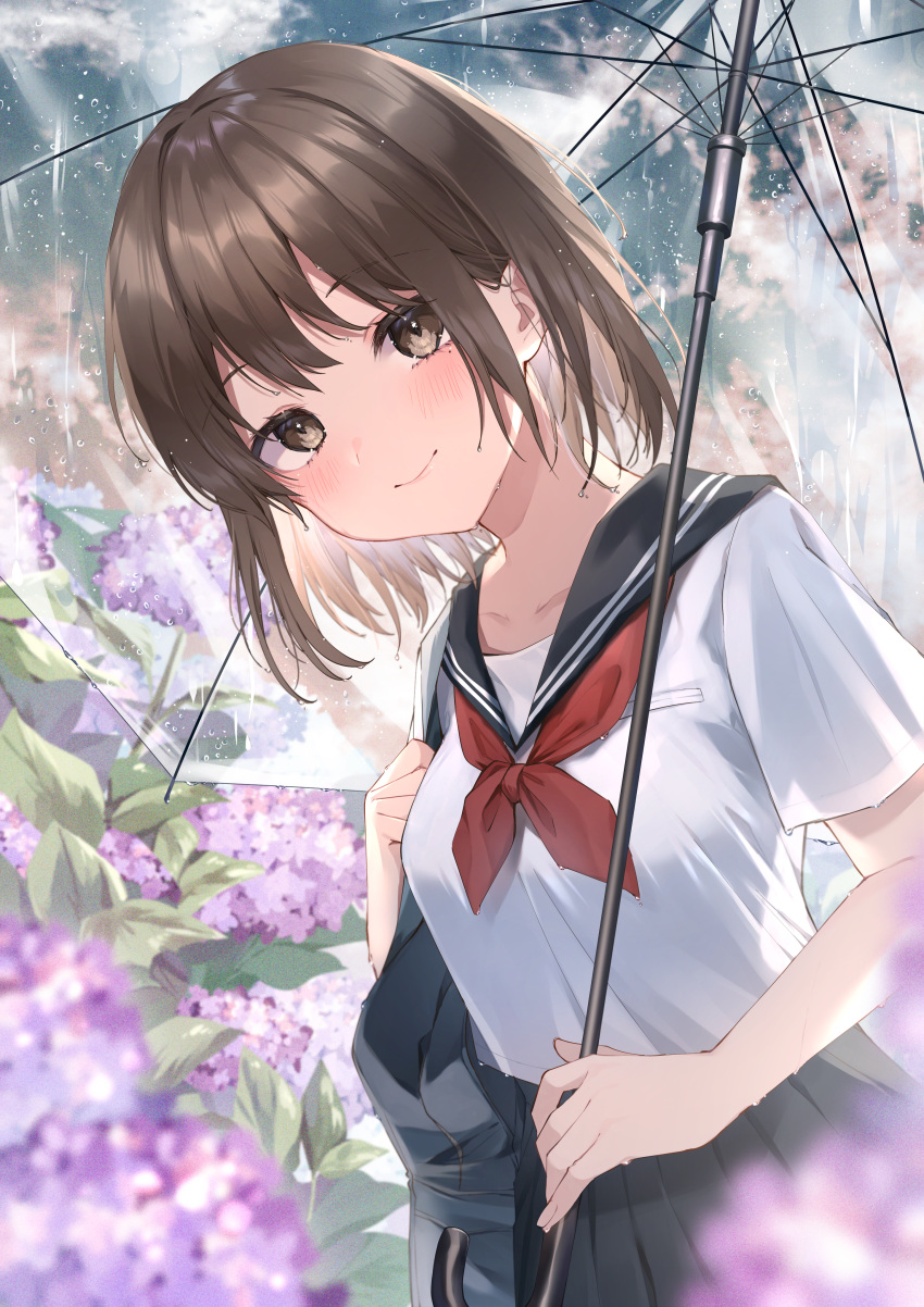 1girl absurdres bag bangs black_sailor_collar black_skirt blush breasts brown_eyes brown_hair closed_mouth clouds cloudy_sky collarbone commentary_request eyebrows_visible_through_hair flower harui_(hr_x9_) highres holding holding_umbrella huge_filesize hydrangea looking_at_viewer neckerchief original outdoors pleated_skirt rain red_neckwear sailor_collar school_bag school_uniform serafuku shirt short_sleeves sidelocks skirt sky small_breasts smile solo transparent transparent_umbrella umbrella water_drop white_shirt