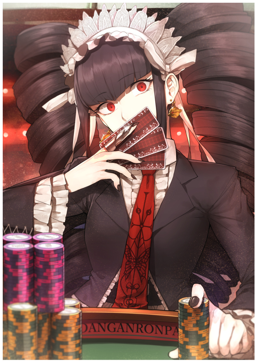 1girl black_hair black_jacket black_nails bonnet card celestia_ludenberg claw_ring covered_mouth dangan_ronpa:_trigger_happy_havoc dangan_ronpa_(series) drill_hair earrings frilled_sleeves frills gothic_lolita highres hitoto holding holding_card jacket jewelry lolita_fashion long_hair long_sleeves looking_at_viewer necktie red_eyes red_neckwear solo twin_drills wide-eyed