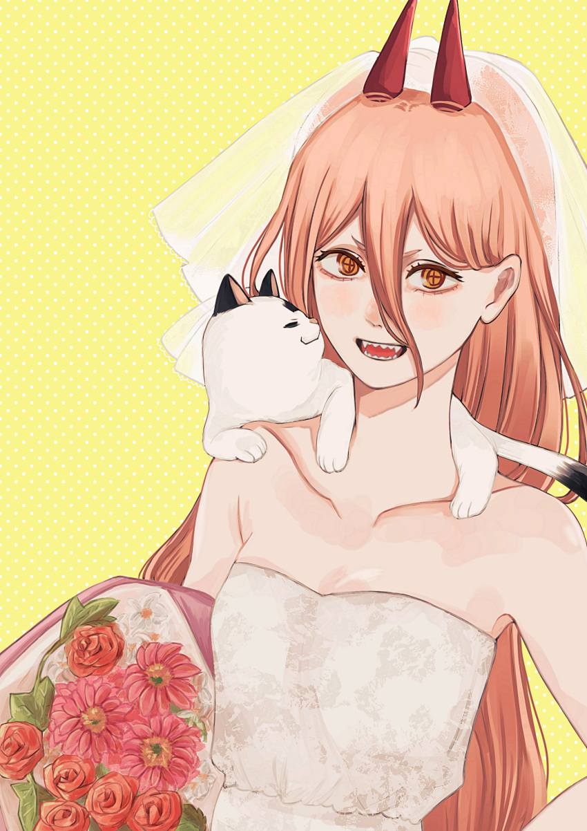+_+ 1girl alternate_costume animal_on_shoulder blush bouquet breasts bridal_veil cat cat_on_shoulder chainsaw_man collarbone commentary demon_horns dress fangs flower hair_between_eyes highres holding holding_bouquet horns long_hair looking_at_viewer meowy_(chainsaw_man) off-shoulder_dress off_shoulder open_mouth orange_eyes patterned_background pink_hair polka_dot polka_dot_background power_(chainsaw_man) sharp_teeth simple_background small_breasts smile solo straight_hair strapless strapless_dress teeth toukaairab upper_body veil wedding_dress white_dress yellow_background