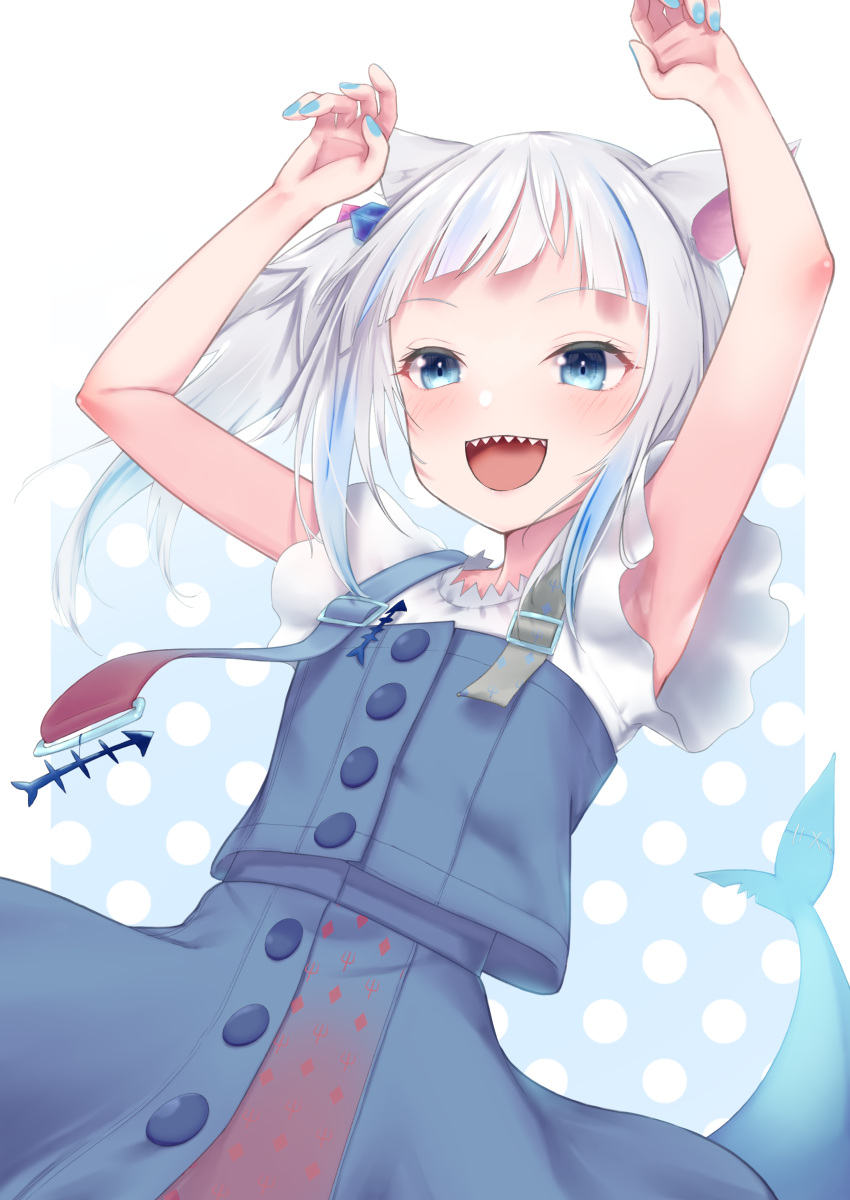 :d absurdres animal_ears arms_up blue_dress blue_eyes blue_hair cat_ears commentary_request dress fish_tail gawr_gura hair_ornament highres hololive hololive_english ichi-go multicolored_hair open_mouth shark_tail sharp_teeth side_ponytail smile tail teeth two-tone_hair upper_teeth virtual_youtuber white_hair