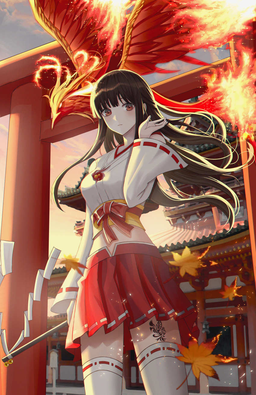 1girl absurdres bangs belt black_hair fire gohei highres holding japanese_clothes leaf long_hair looking_at_viewer maple_leaf miko original poise red_eyes ribbon shrine skirt solo standing suzaku temple torii white_legwear