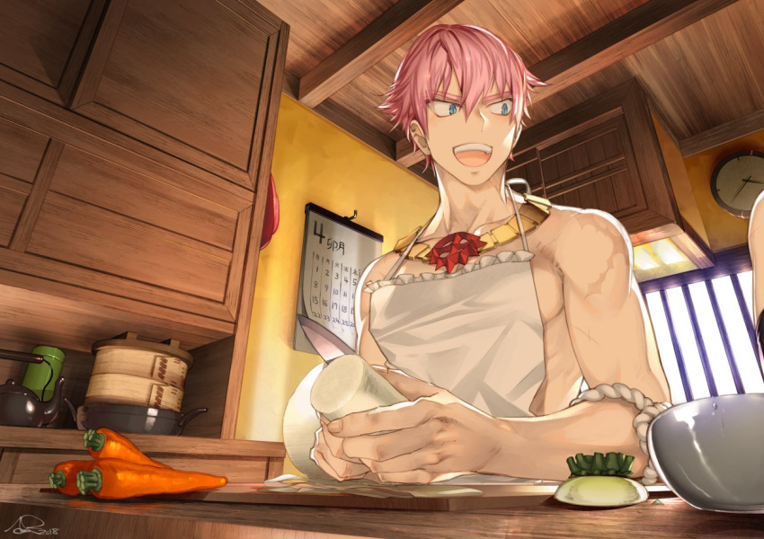 1boy apron arai_12 bangs basket blue_eyes calendar_(object) carrot clock closed_mouth commentary_request cutting daikon dated hair_between_eyes indoors jewelry kitchen kitchen_knife knife looking_to_the_side male_focus necklace pink_hair ragnarok_online scar short_hair shura_(ragnarok_online) signature solo teapot toned toned_male upper_body upper_teeth white_apron wok