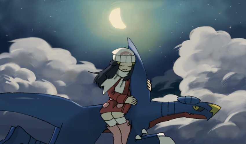 1girl above_clouds beanie black_hair blush boots closed_eyes closed_mouth clouds coat hikari_(pokemon) flying garchomp gen_4_pokemon hat highres kneehighs long_hair long_sleeves mashita._(mentaiko_omoti) moon night outdoors pink_footwear pokemon pokemon_(creature) pokemon_(game) pokemon_dppt pokemon_platinum red_coat riding_pokemon scarf sitting sky smile star_(sky) white_headwear white_legwear white_scarf